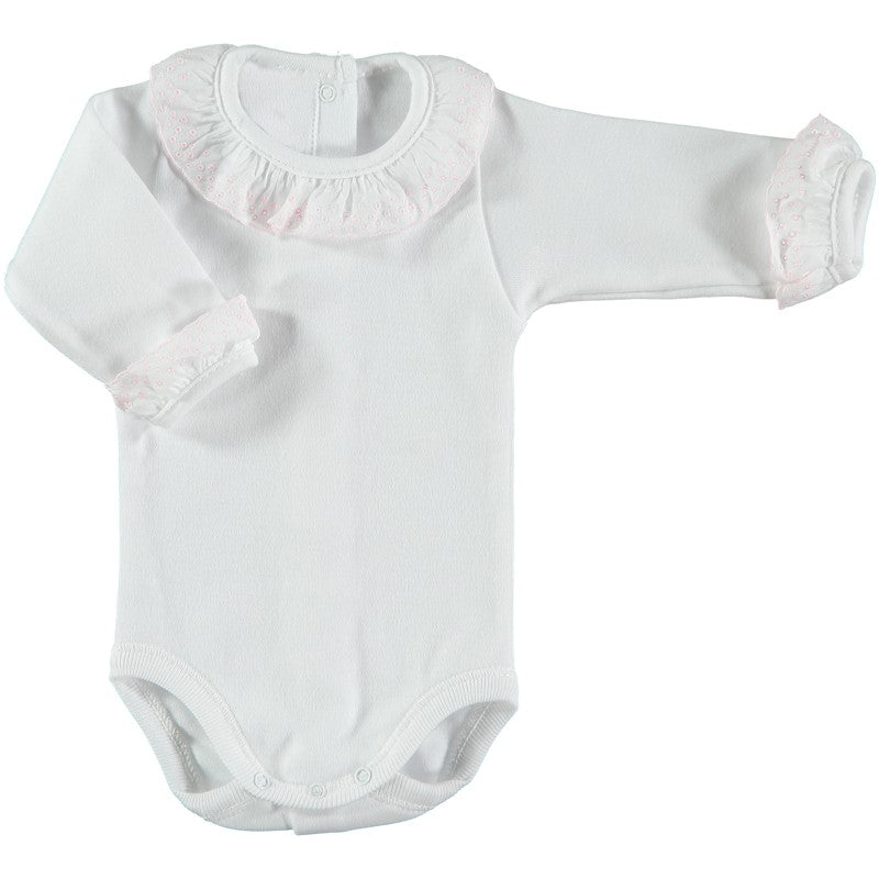 Babidu's plain white baby body suit made with 100 percent soft cotton suitable for personalisation like embroidery. It is a luxuriously thick body suit with boderie on neck and cuffs.